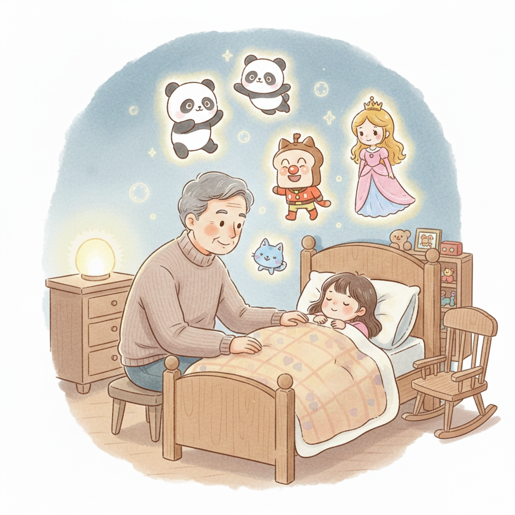 パパが娘に寝かしつけのお話をしているイラスト